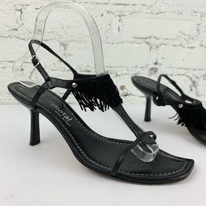 Vintage Gunmetal Italy Black Leather Slingback Fringe Tassel Sandal Heels 8.5B